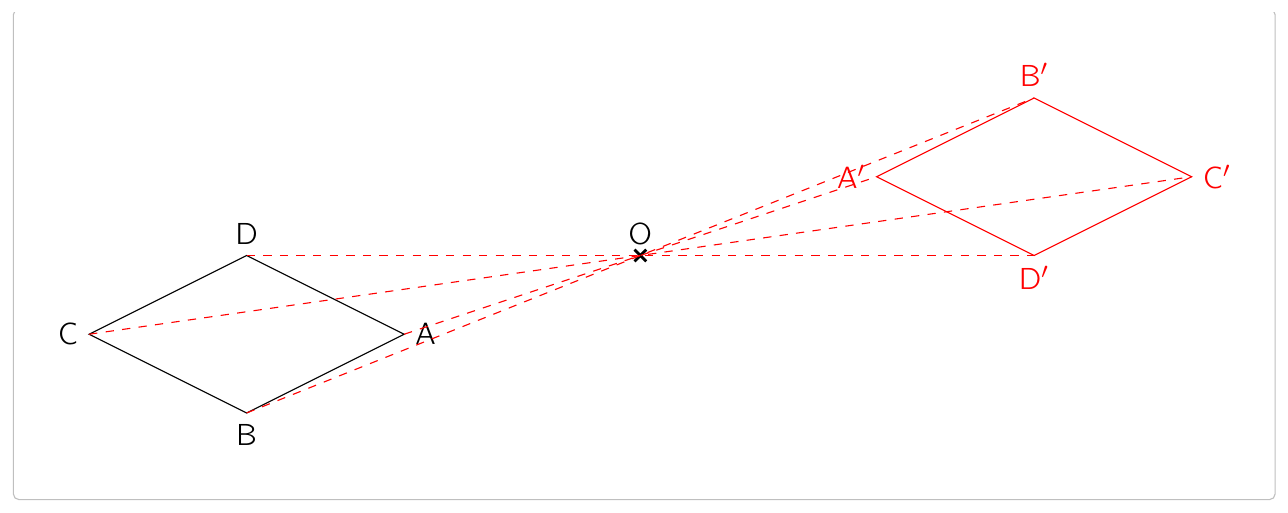 Un quadrilatère ABCD et son image A'B'C'D' par la symétrie de centre O